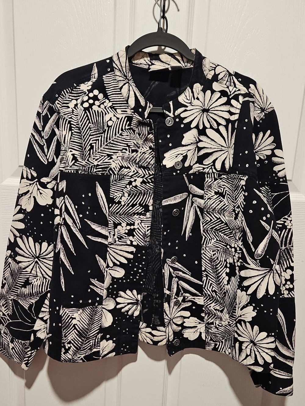 Chico's Black and White Floral Patchwork Jean Jacket